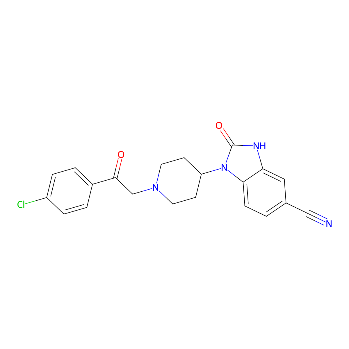 1-(1-(2-(4-Chlorophenyl)-2-oxoethyl)piperidin-4-yl)-2-oxo-2,3-dihydro-1H-benzo[d]imidazole-5-carbonitrile molecular structure, CAS 1037835-42-9