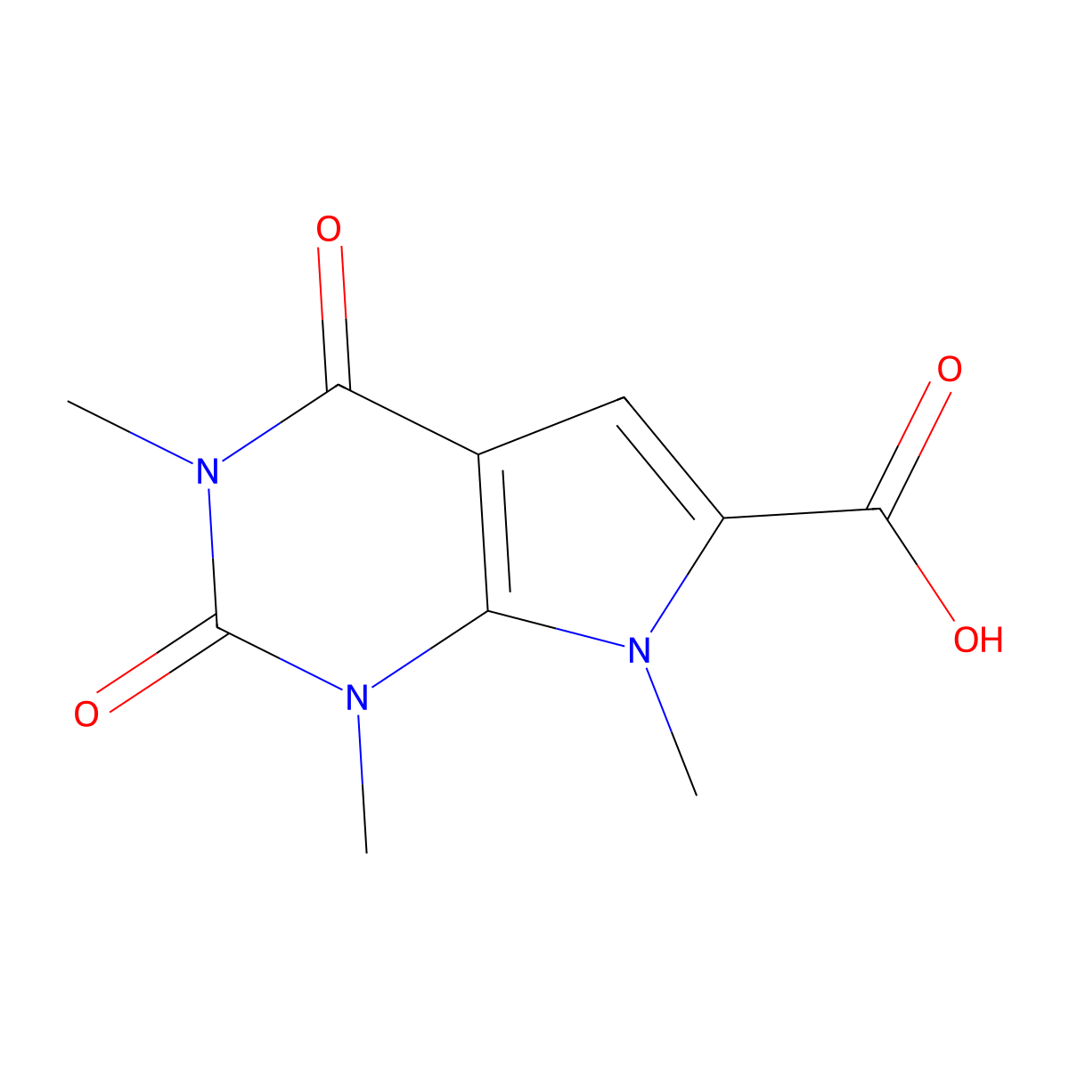 1,3,7-trimethyl-2,4-dioxo-1H,2H,3H,4H,7H-pyrrolo(2,3-d)pyrimidine-6-carboxylic acid molecular structure, CAS 1038300-16-1