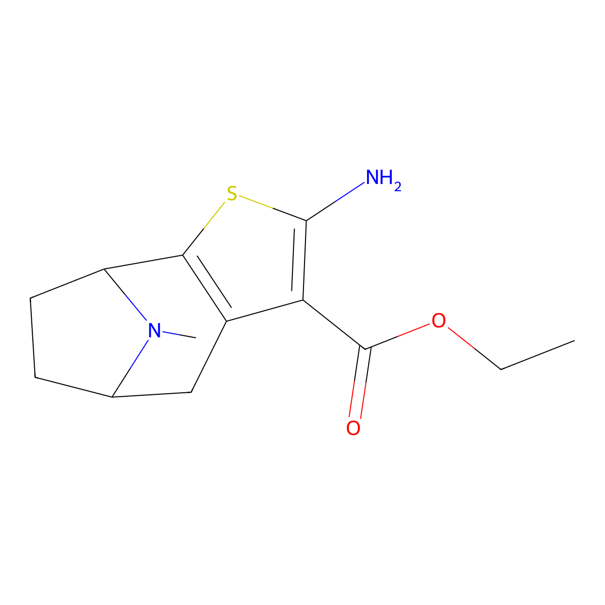 Ethyl 4-amino-11-methyl-3-thia-11-azatricyclo[6.2.1.0,2,6]undeca-2(6),4-diene-5-carboxylate molecular structure, CAS 1038330-43-6