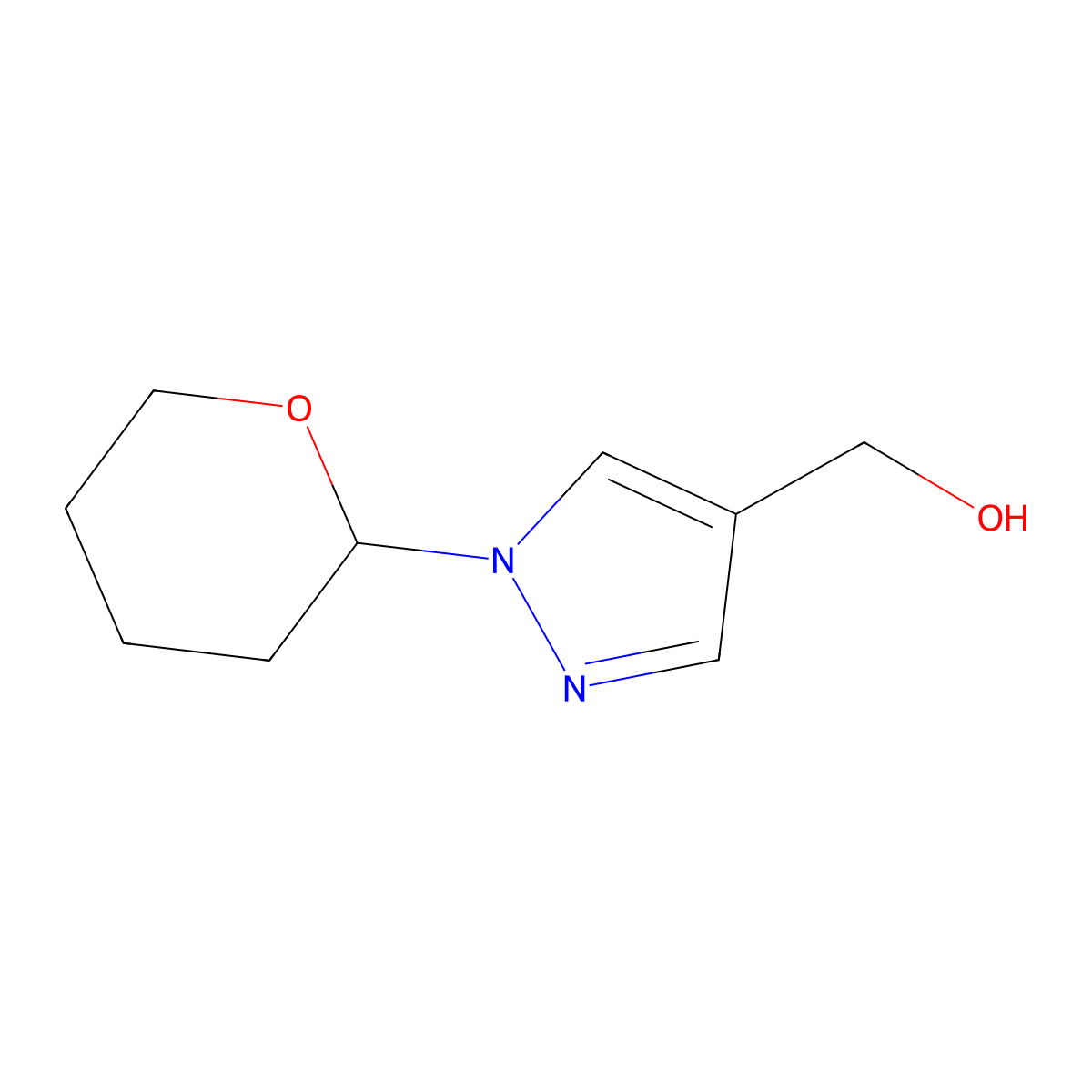 (1-(tetrahydro-2H-pyran-2-yl)-1H-pyrazol-4-yl)methanol molecular structure, CAS 1038392-13-0