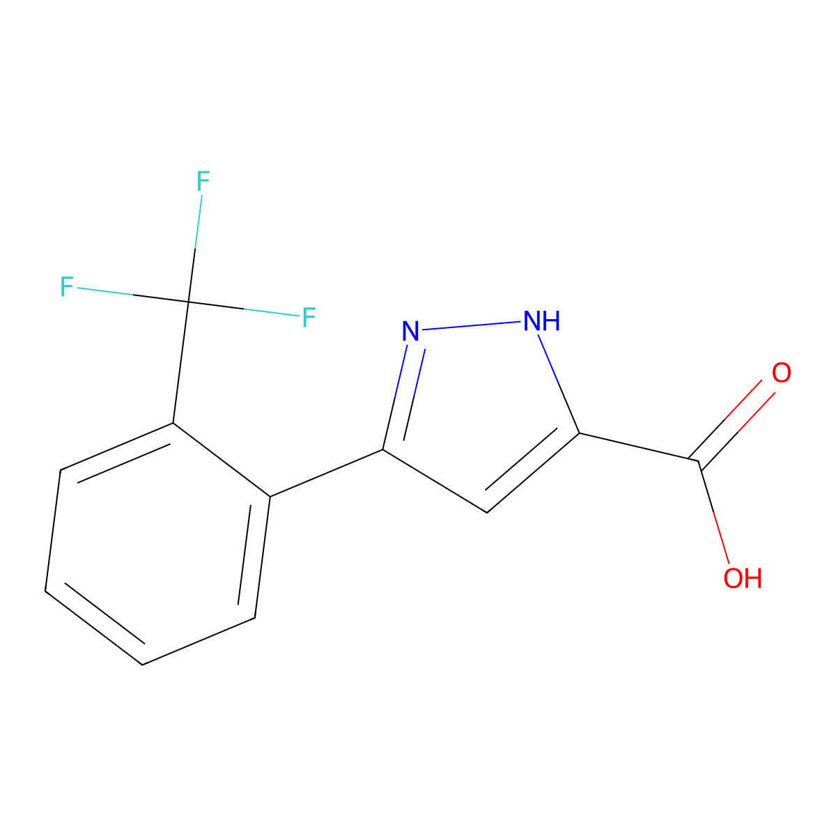 3-(2-(trifluoromethyl)phenyl)-1H-pyrazole-5-carboxylic acid molecular structure, CAS 1038770-76-1