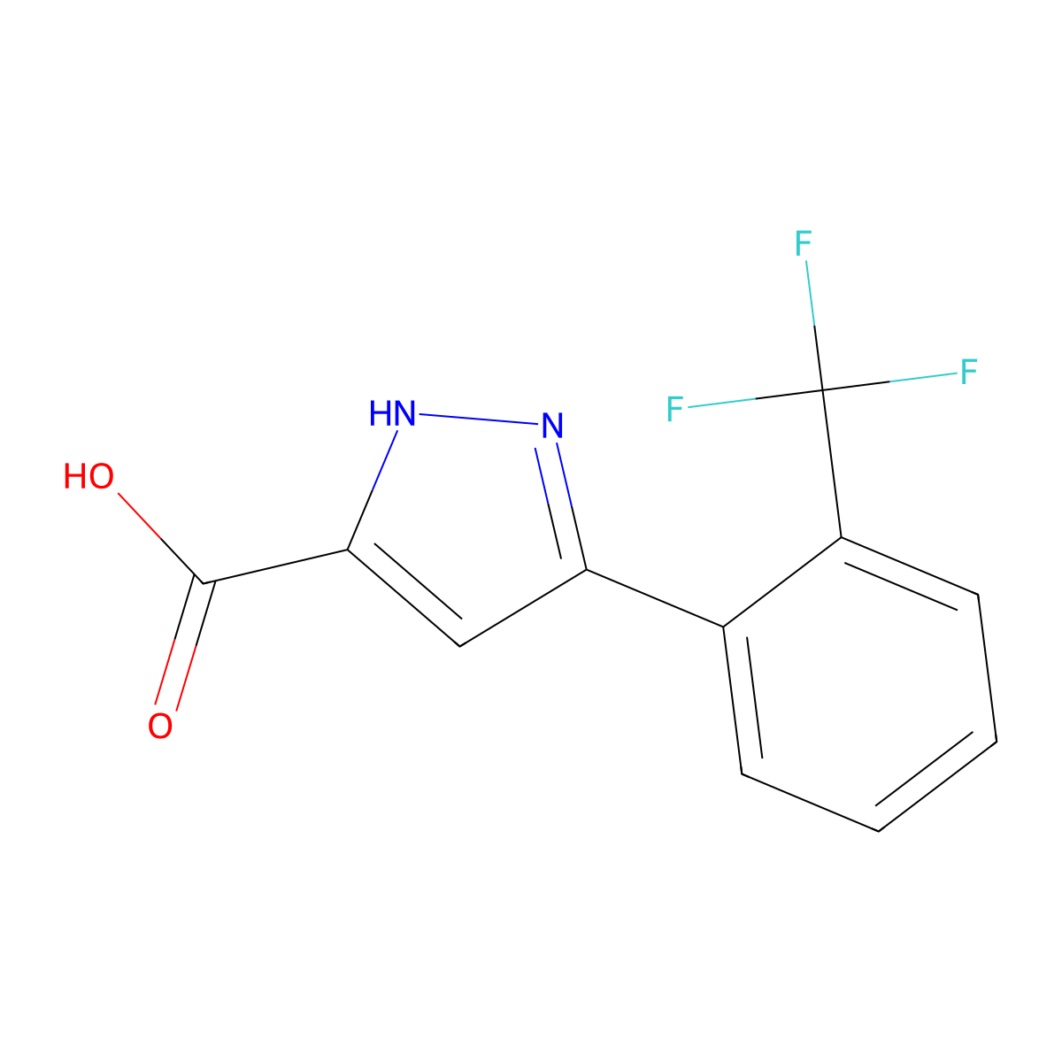 3-(2-(trifluoromethyl)phenyl)-1H-pyrazole-5-carboxylic acid molecular structure, CAS 1038770-76-1