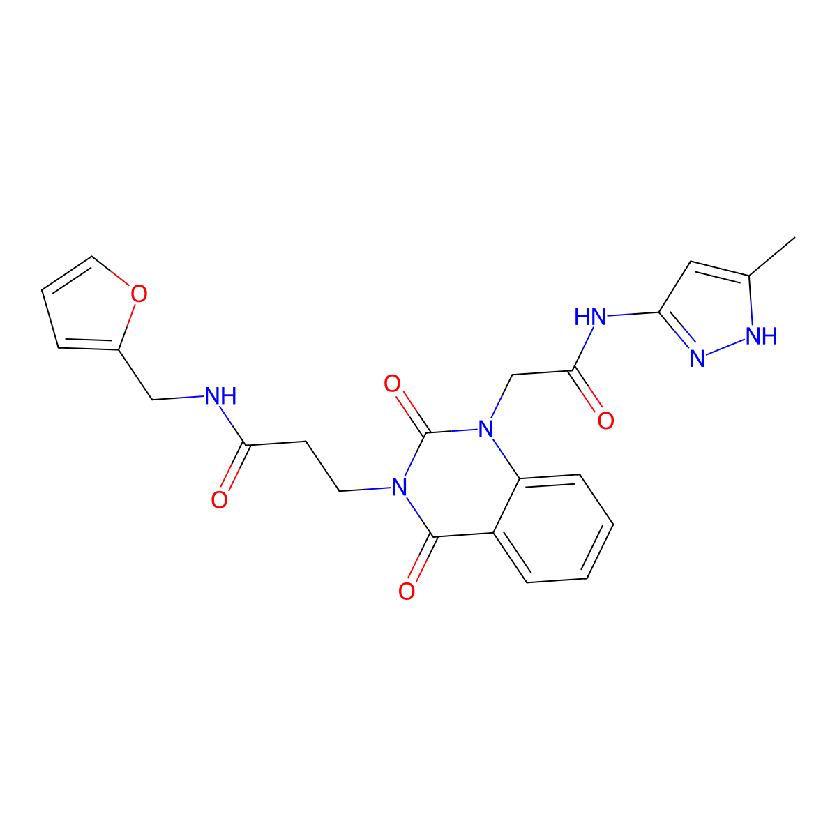N-(furan-2-ylmethyl)-3-[1-[2-[(5-methyl-1H-pyrazol-3-yl)amino]-2-oxoethyl]-2,4-dioxoquinazolin-3-yl]propanamide molecular structure, CAS 1038898-84-8