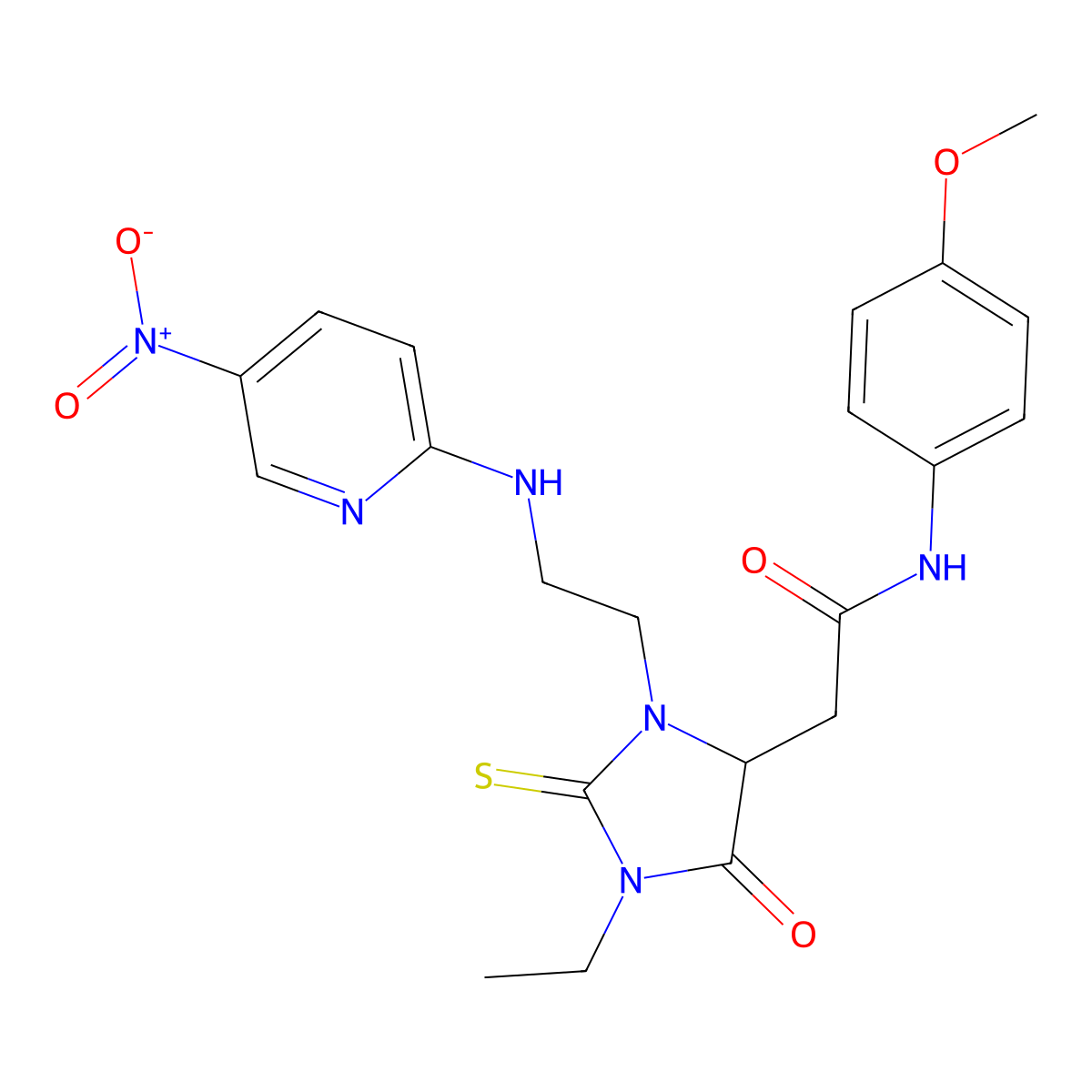2-(1-ethyl-3-{2-[(5-nitropyridin-2-yl)amino]ethyl}-5-oxo-2-thioxoimidazolidin-4-yl)-N-(4-methoxyphenyl)acetamide molecular structure, CAS 1038901-44-8