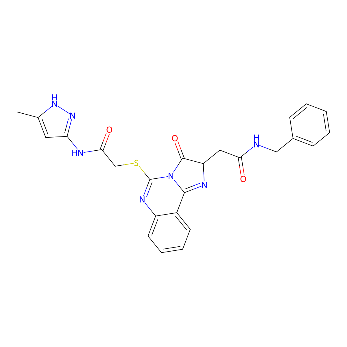 N-benzyl-2-[5-[2-[(5-methyl-1H-pyrazol-3-yl)amino]-2-oxoethyl]sulfanyl-3-oxo-2H-imidazo[1,2-c]quinazolin-2-yl]acetamide molecular structure, CAS 1038912-00-3