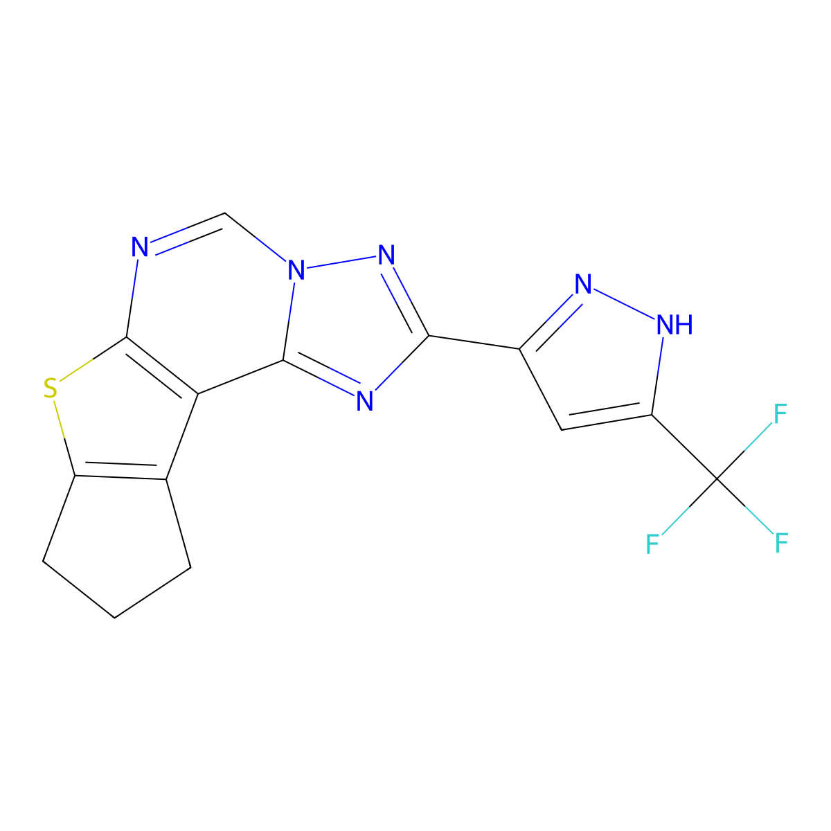 2-[3-(trifluoromethyl)-1H-pyrazol-5-yl]-9,10-dihydro-8H-cyclopenta[4,5]thieno[3,2-e][1,2,4]triazolo[1,5-c]pyrimidine molecular structure, CAS 1038990-19-0