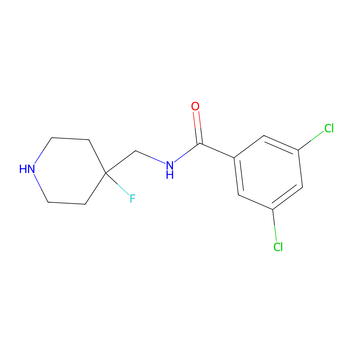 3,5-Dichloro-N-((4-fluoropiperidin-4-yl)methyl)benzamide molecular structure, CAS 1038992-15-2