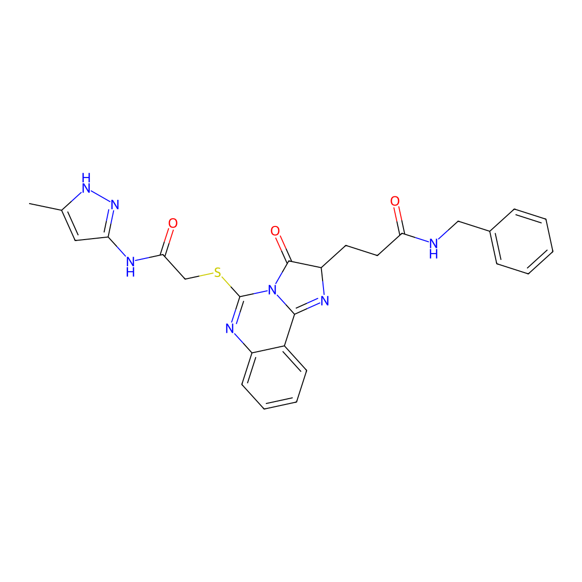 N-benzyl-3-[5-({[(3-methyl-1H-pyrazol-5-yl)carbamoyl]methyl}sulfanyl)-3-oxo-2H,3H-imidazo[1,2-c]quinazolin-2-yl]propanamide molecular structure, CAS 1039040-87-3