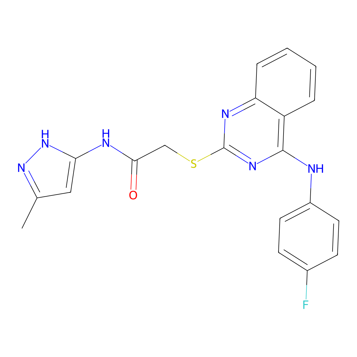 2-[4-(4-fluoroanilino)quinazolin-2-yl]sulfanyl-N-(5-methyl-1H-pyrazol-3-yl)acetamide molecular structure, CAS 1039053-33-2