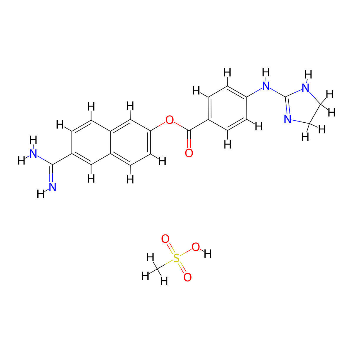 Benzoic acid, 4-((4,5-dihydro-1H-imidazol-2-yl)amino)-, 6-(aminoiminomethyl)-2-naphthalenyl ester, methanesulfonate (1:2) molecular structure, CAS 103926-82-5