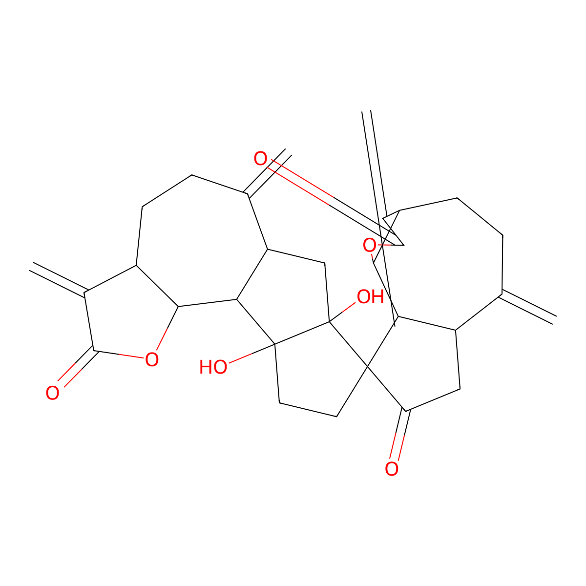 (3aS,3'As,6aR,6'ar,7'as,8'R,9aR,9bS,10'as,10'bs,10'cs)-eicosahydro-7'a,10'a-dihydroxy-3,3',6,6'-tetrakis(methylene)spiro(azuleno(4,5-b)furan-9(2H),8'-(8H)cyclopent(2,3)azuleno(4,5-b)furan)-2,2',8(3H,3'H)-trione molecular structure, CAS 1039431-94-1
