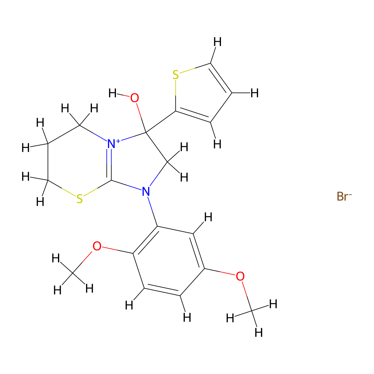 1-(2,5-dimethoxyphenyl)-3-hydroxy-3-(thiophen-2-yl)-3,5,6,7-tetrahydro-2H-imidazo[2,1-b][1,3]thiazin-1-ium bromide molecular structure, CAS 1039433-04-9