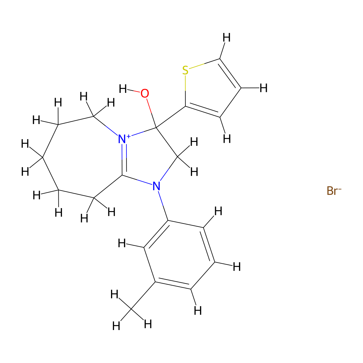 3-hydroxy-3-(thiophen-2-yl)-1-(m-tolyl)-3,5,6,7,8,9-hexahydro-2H-imidazo[1,2-a]azepin-1-ium bromide molecular structure, CAS 1039433-68-5
