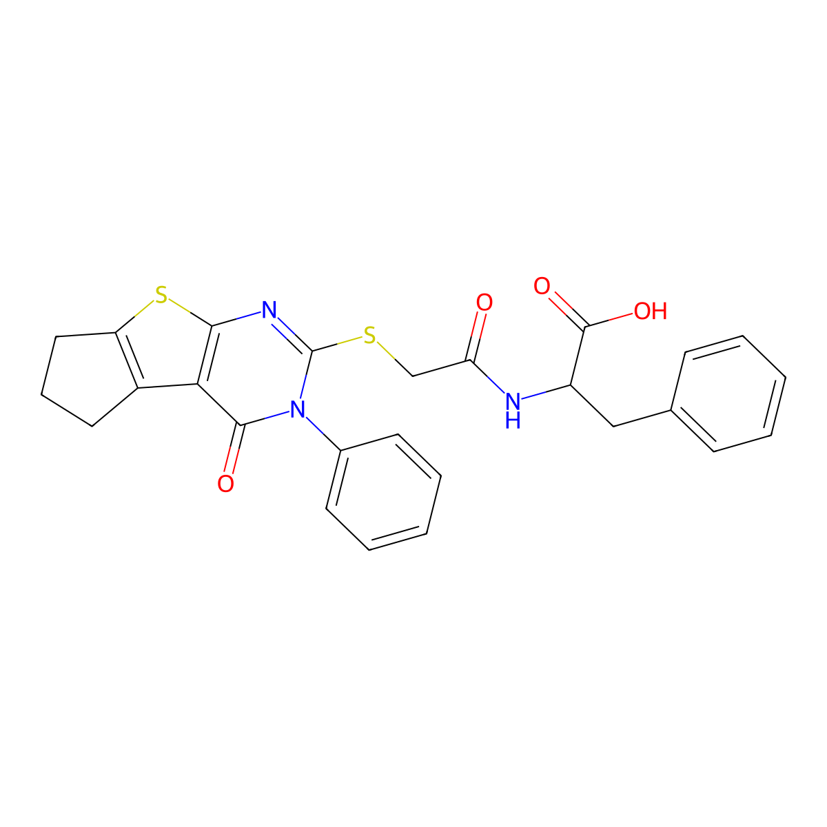 2-[2-({12-Oxo-11-phenyl-7-thia-9,11-diazatricyclo[6.4.0.0^{2,6}]dodeca-1(8),2(6),9-trien-10-yl}sulfanyl)acetamido]-3-phenylpropanoic acid molecular structure, CAS 1039450-77-5
