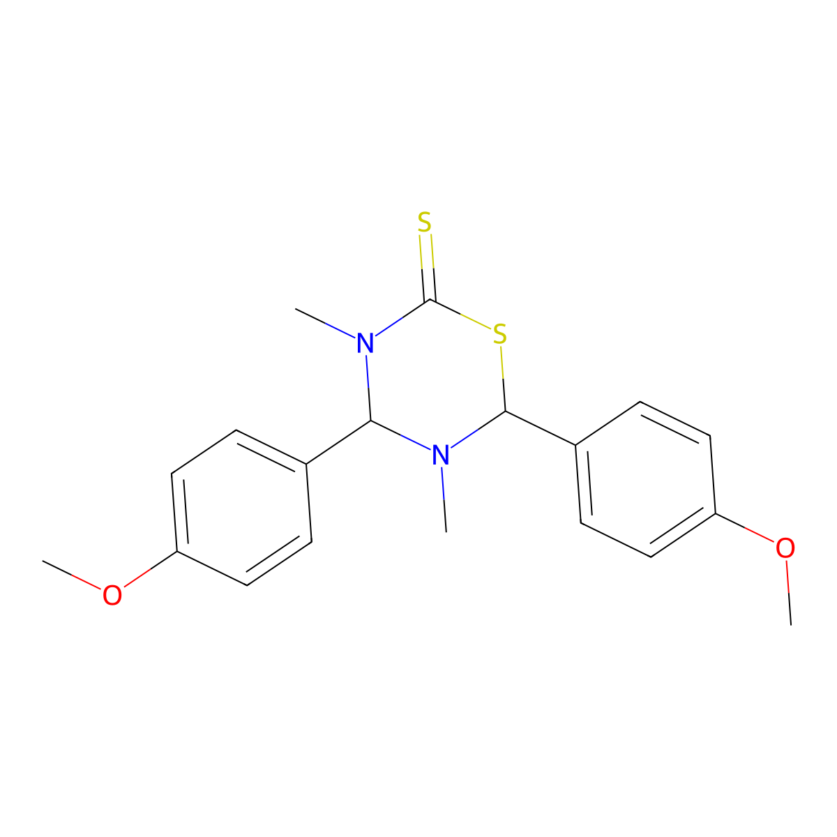 4,6-Bis(4-methoxyphenyl)-3,5-dimethyl-1,3,5-thiadiazinane-2-thione molecular structure, CAS 103970-48-5