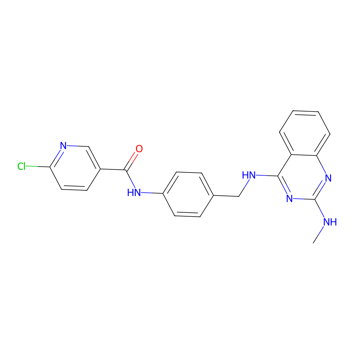 3-Pyridinecarboxamide, 6-chloro-N-[4-[[[2-(methylamino)-4-quinazolinyl]amino]methyl]phenyl]- molecular structure, CAS 1039731-99-1