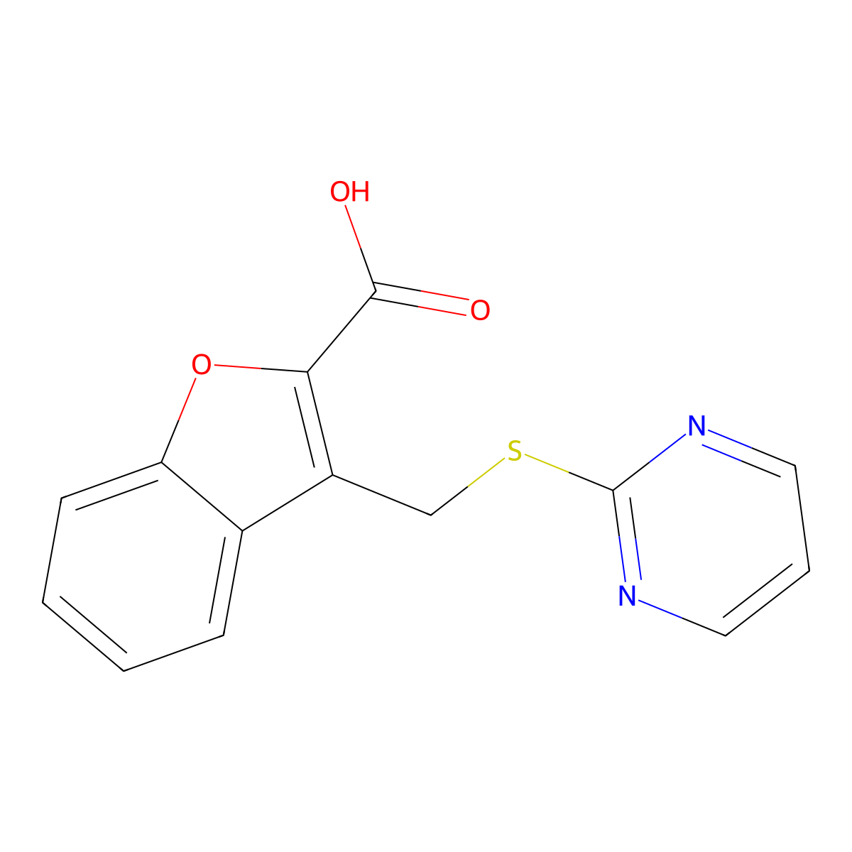 3-[(Pyrimidin-2-ylsulfanyl)methyl]-1-benzofuran-2-carboxylic acid molecular structure, CAS 1039812-24-2
