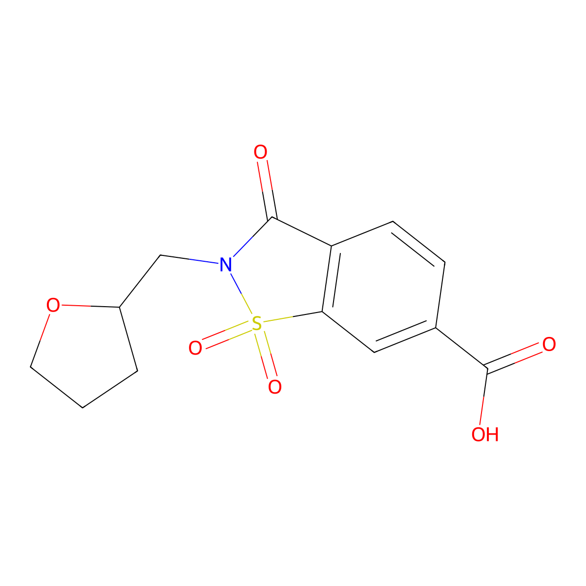 1,1,3-Trioxo-2-((oxolan-2-yl)methyl)-2,3-dihydro-1lambda6,2-benzothiazole-6-carboxylic acid molecular structure, CAS 1040074-58-5