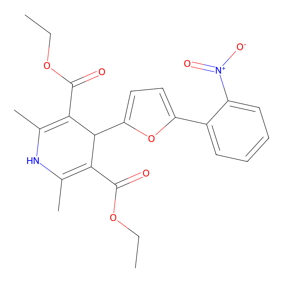 Diethyl 2,6-dimethyl-4-(5-(2-nitrophenyl)-2-furyl)-1,4-dihydro-3,5-pyridinedicarboxylate molecular structure, CAS 104024-40-0