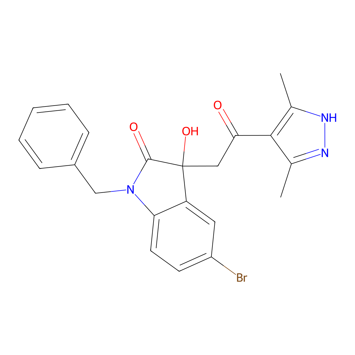 1-benzyl-5-bromo-3-[2-(3,5-dimethyl-1H-pyrazol-4-yl)-2-oxoethyl]-3-hydroxy-1,3-dihydro-2H-indol-2-one molecular structure, CAS 1040554-67-3