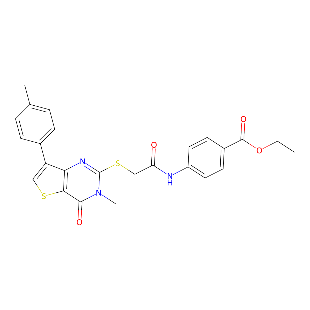 Ethyl 4-[({[3-methyl-7-(4-methylphenyl)-4-oxo-3,4-dihydrothieno[3,2-d]pyrimidin-2-yl]thio}acetyl)amino]benzoate molecular structure, CAS 1040631-84-2