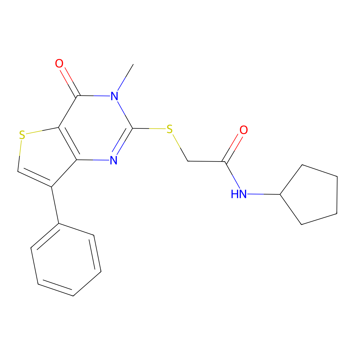 N-cyclopentyl-2-({3-methyl-4-oxo-7-phenyl-3H,4H-thieno[3,2-d]pyrimidin-2-yl}sulfanyl)acetamide molecular structure, CAS 1040631-87-5