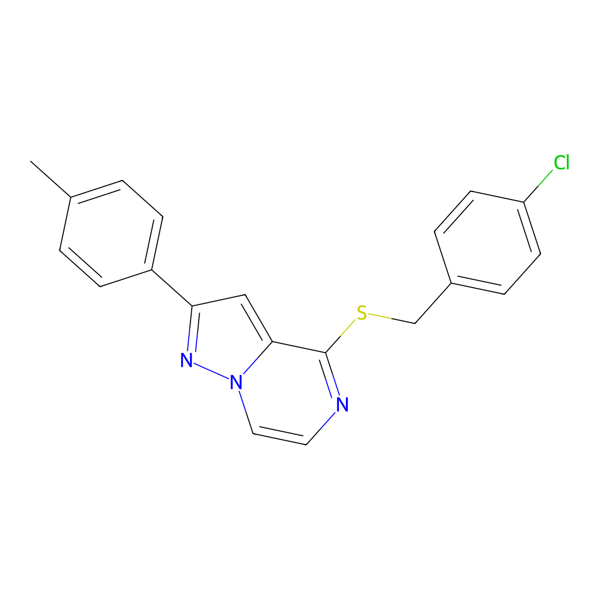4-[(4-Chlorobenzyl)thio]-2-(4-methylphenyl)pyrazolo[1,5-a]pyrazine molecular structure, CAS 1040631-95-5