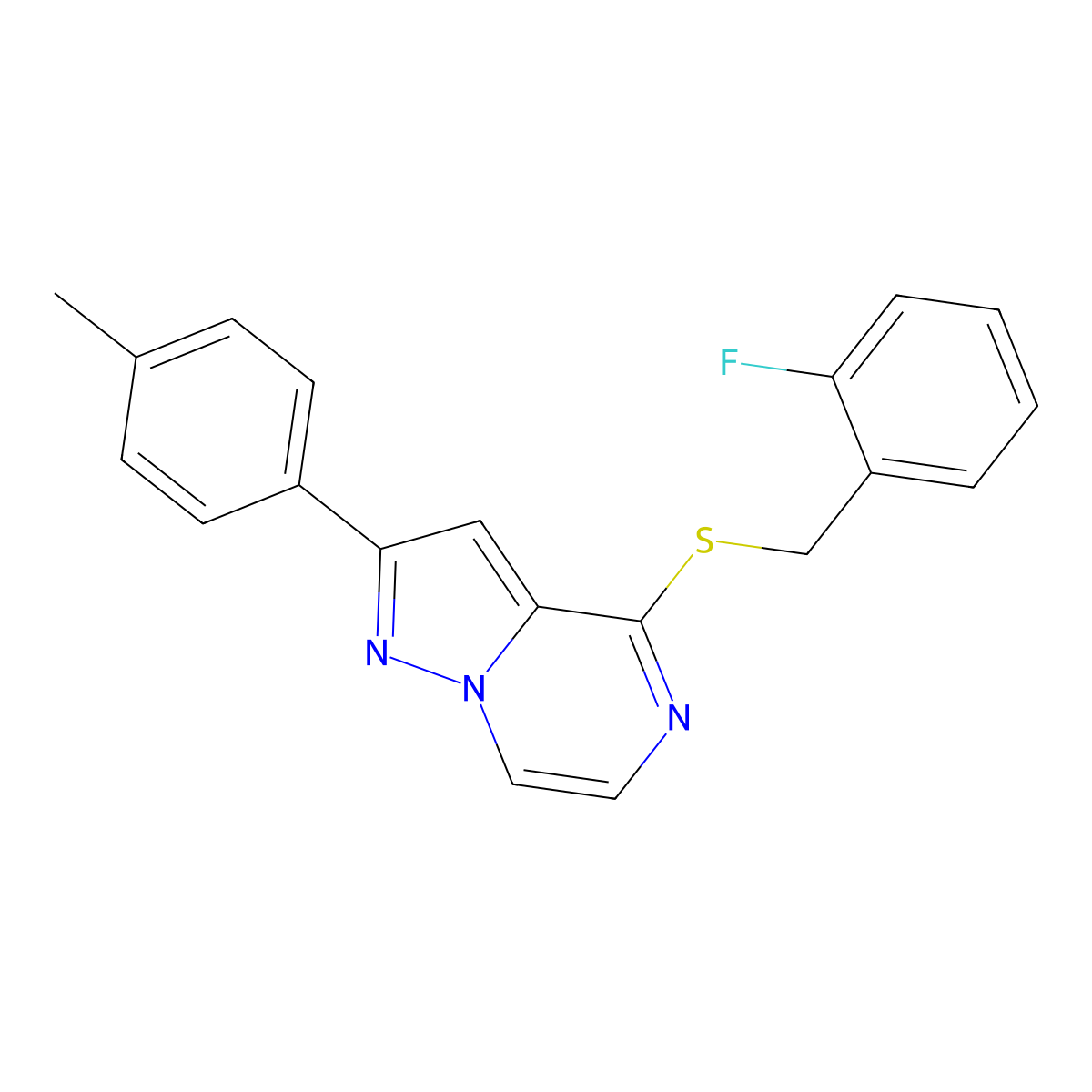 4-[(2-Fluorobenzyl)thio]-2-(4-methylphenyl)pyrazolo[1,5-a]pyrazine molecular structure, CAS 1040631-98-8