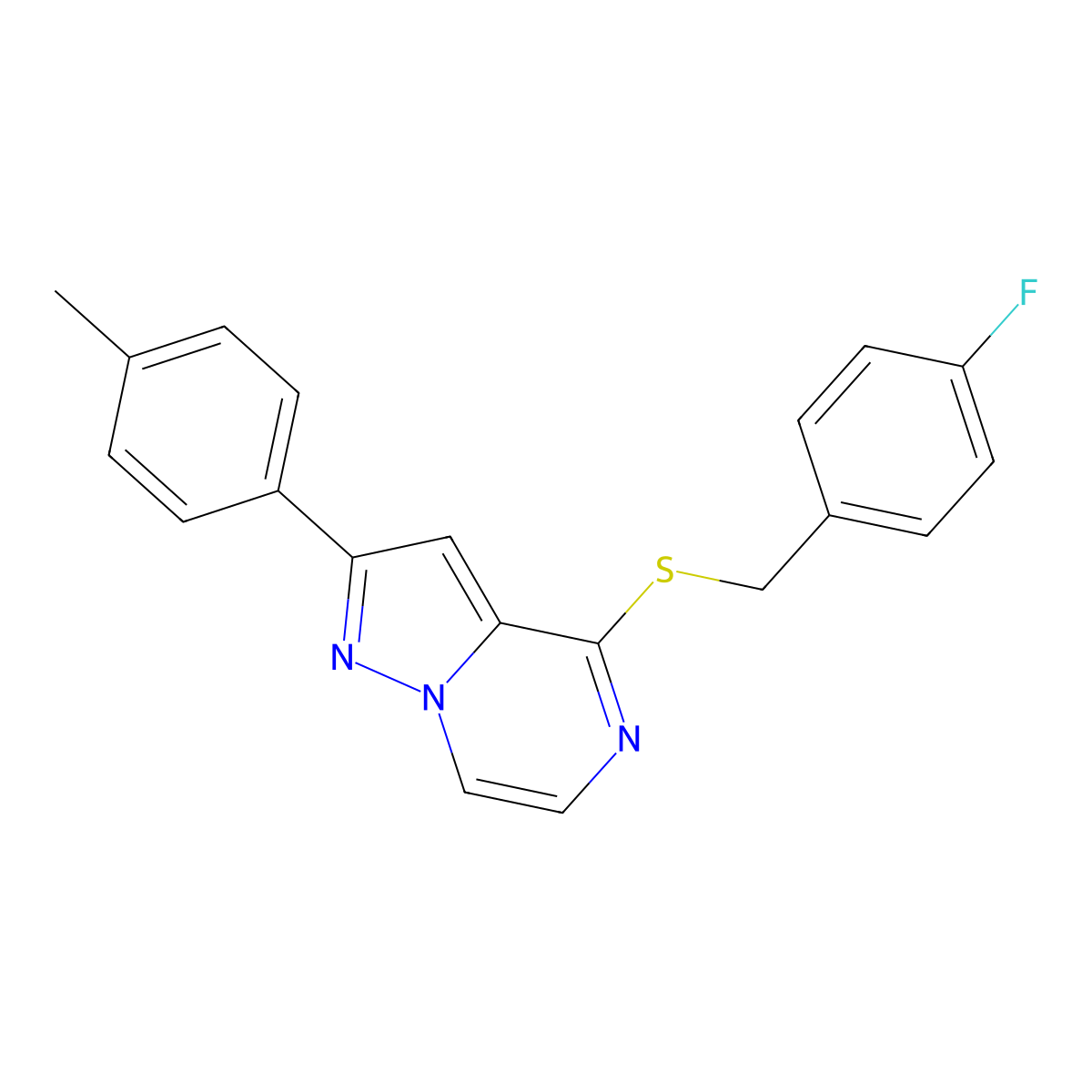 4-[(4-Fluorobenzyl)thio]-2-(4-methylphenyl)pyrazolo[1,5-a]pyrazine molecular structure, CAS 1040632-01-6