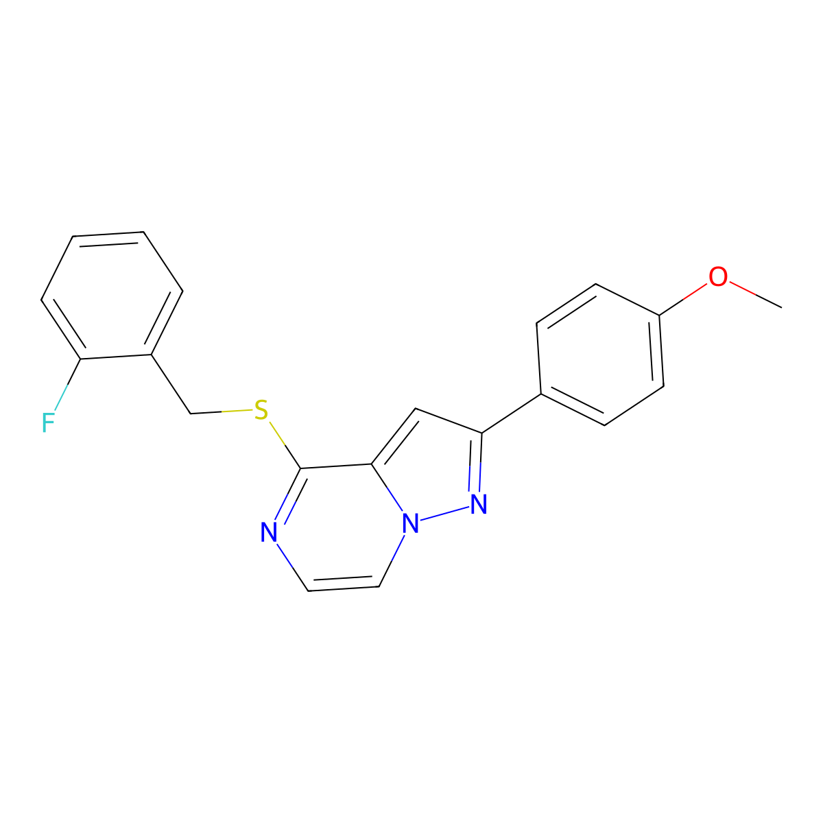 4-[(2-Fluorobenzyl)thio]-2-(4-methoxyphenyl)pyrazolo[1,5-a]pyrazine molecular structure, CAS 1040632-19-6