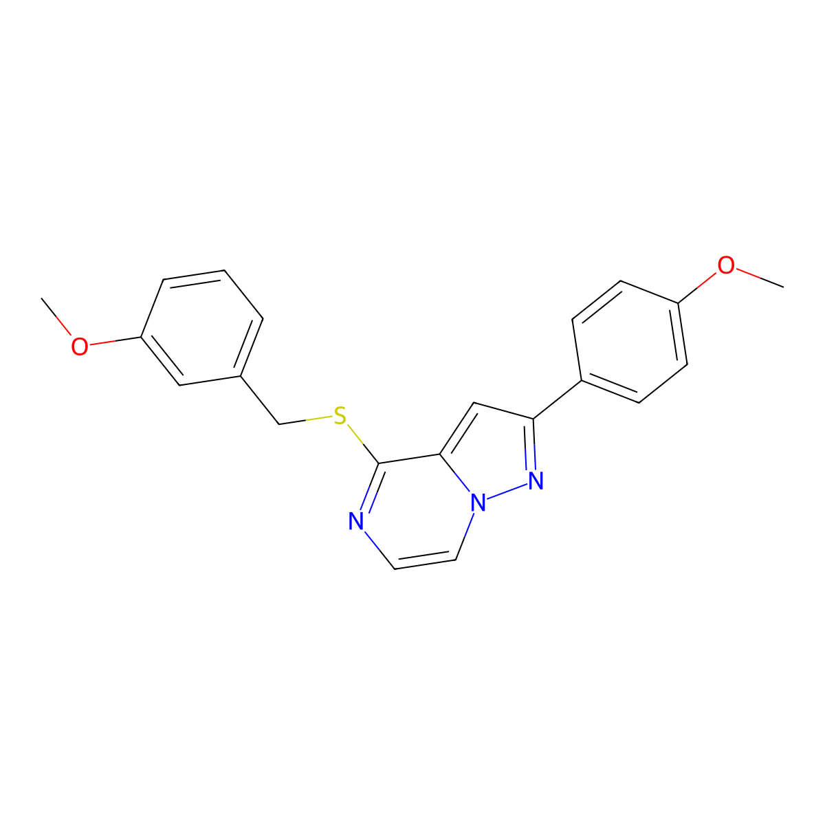 2-(4-Methoxyphenyl)-4-{[(3-methoxyphenyl)methyl]sulfanyl}pyrazolo[1,5-A]pyrazine molecular structure, CAS 1040632-34-5