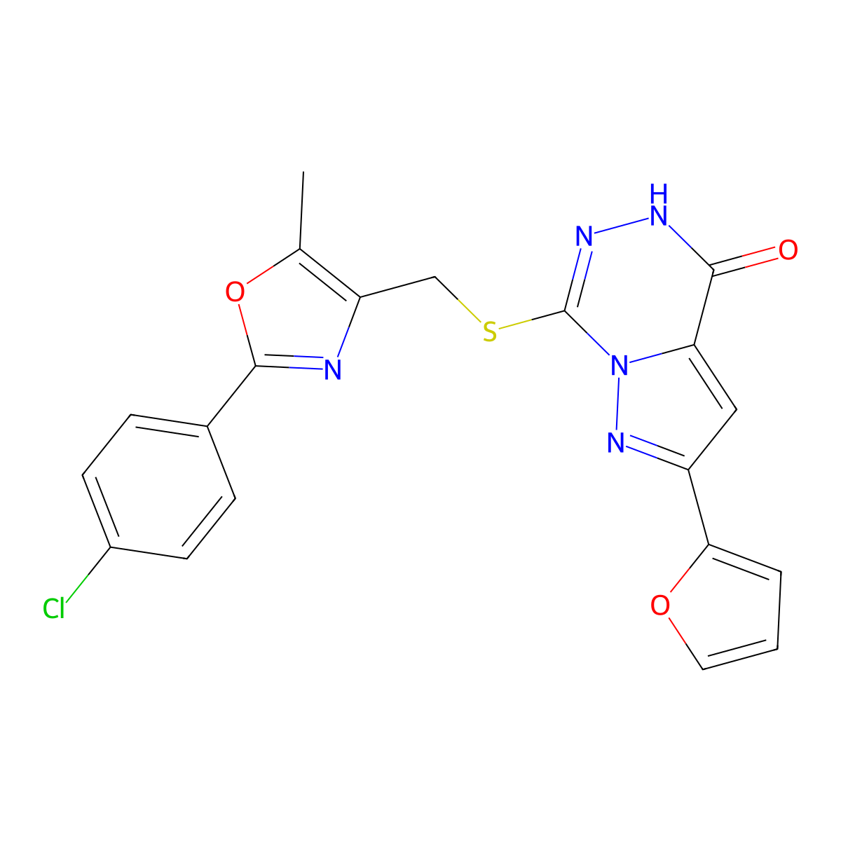 7-({[2-(4-chlorophenyl)-5-methyl-1,3-oxazol-4-yl]methyl}sulfanyl)-2-(furan-2-yl)-4H,5H-pyrazolo[1,5-d][1,2,4]triazin-4-one molecular structure, CAS 1040632-38-9