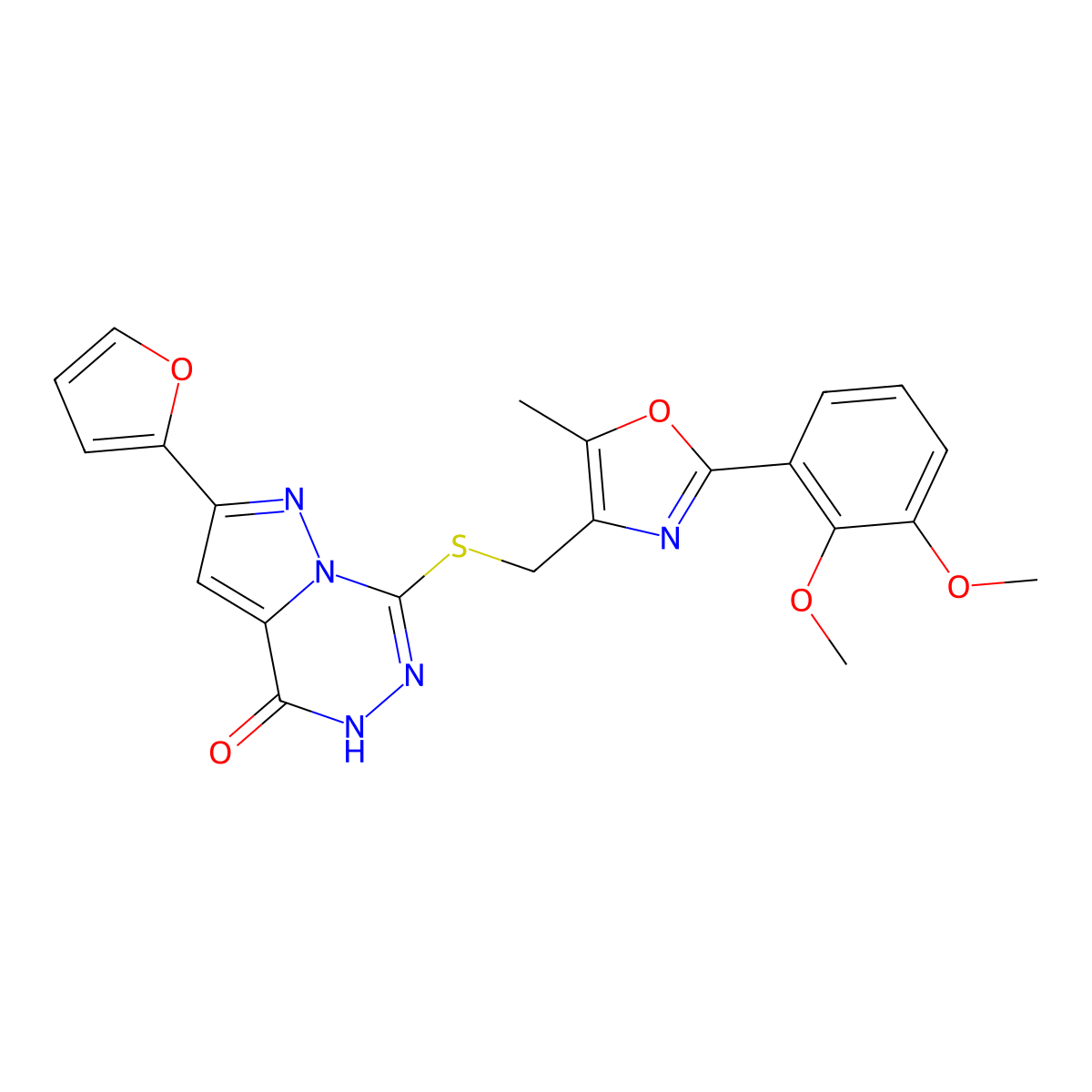 7-({[2-(2,3-dimethoxyphenyl)-5-methyl-1,3-oxazol-4-yl]methyl}sulfanyl)-2-(furan-2-yl)-4H,5H-pyrazolo[1,5-d][1,2,4]triazin-4-one molecular structure, CAS 1040632-42-5