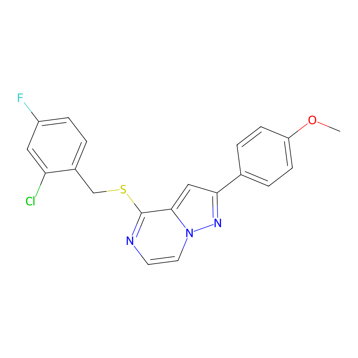 4-[(2-Chloro-4-fluorobenzyl)thio]-2-(4-methoxyphenyl)pyrazolo[1,5-a]pyrazine molecular structure, CAS 1040632-45-8