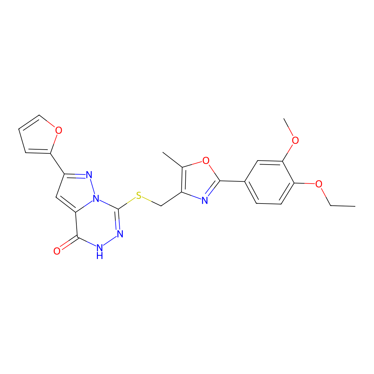 7-({[2-(4-ethoxy-3-methoxyphenyl)-5-methyl-1,3-oxazol-4-yl]methyl}sulfanyl)-2-(furan-2-yl)-4H,5H-pyrazolo[1,5-d][1,2,4]triazin-4-one molecular structure, CAS 1040632-46-9