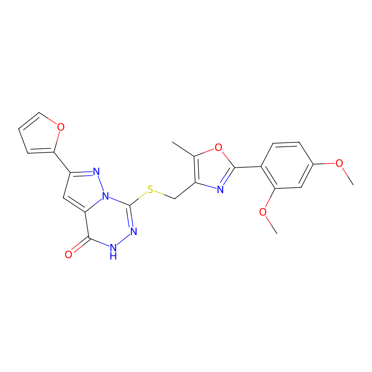 7-({[2-(2,4-dimethoxyphenyl)-5-methyl-1,3-oxazol-4-yl]methyl}sulfanyl)-2-(furan-2-yl)-4H,5H-pyrazolo[1,5-d][1,2,4]triazin-4-one molecular structure, CAS 1040632-50-5