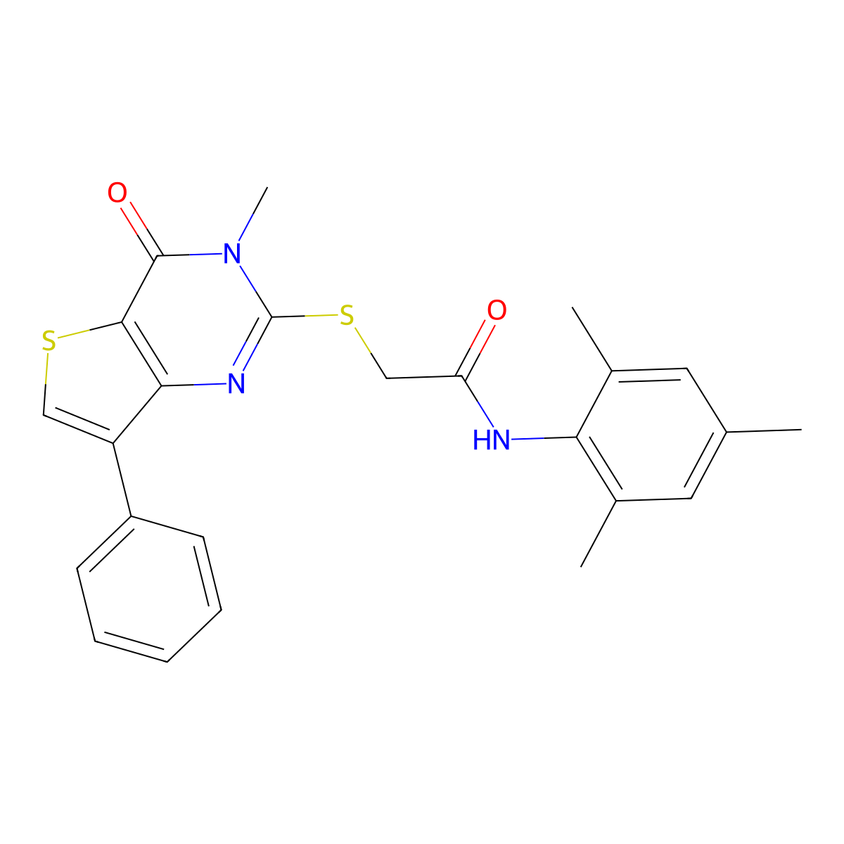 N-mesityl-2-[(3-methyl-4-oxo-7-phenyl-3,4-dihydrothieno[3,2-d]pyrimidin-2-yl)thio]acetamide molecular structure, CAS 1040632-55-0