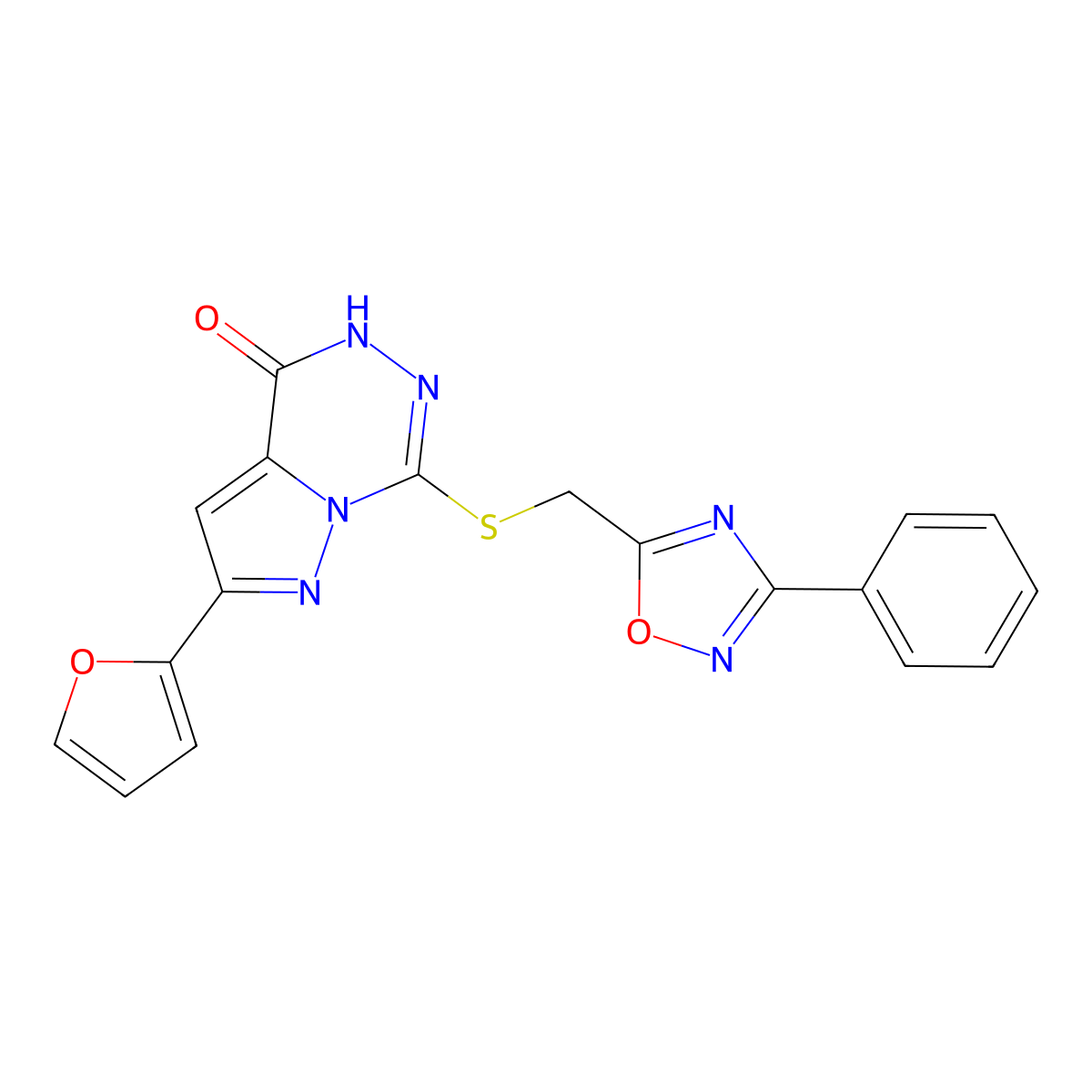 2-(furan-2-yl)-7-{[(3-phenyl-1,2,4-oxadiazol-5-yl)methyl]sulfanyl}-4H,5H-pyrazolo[1,5-d][1,2,4]triazin-4-one molecular structure, CAS 1040632-62-9