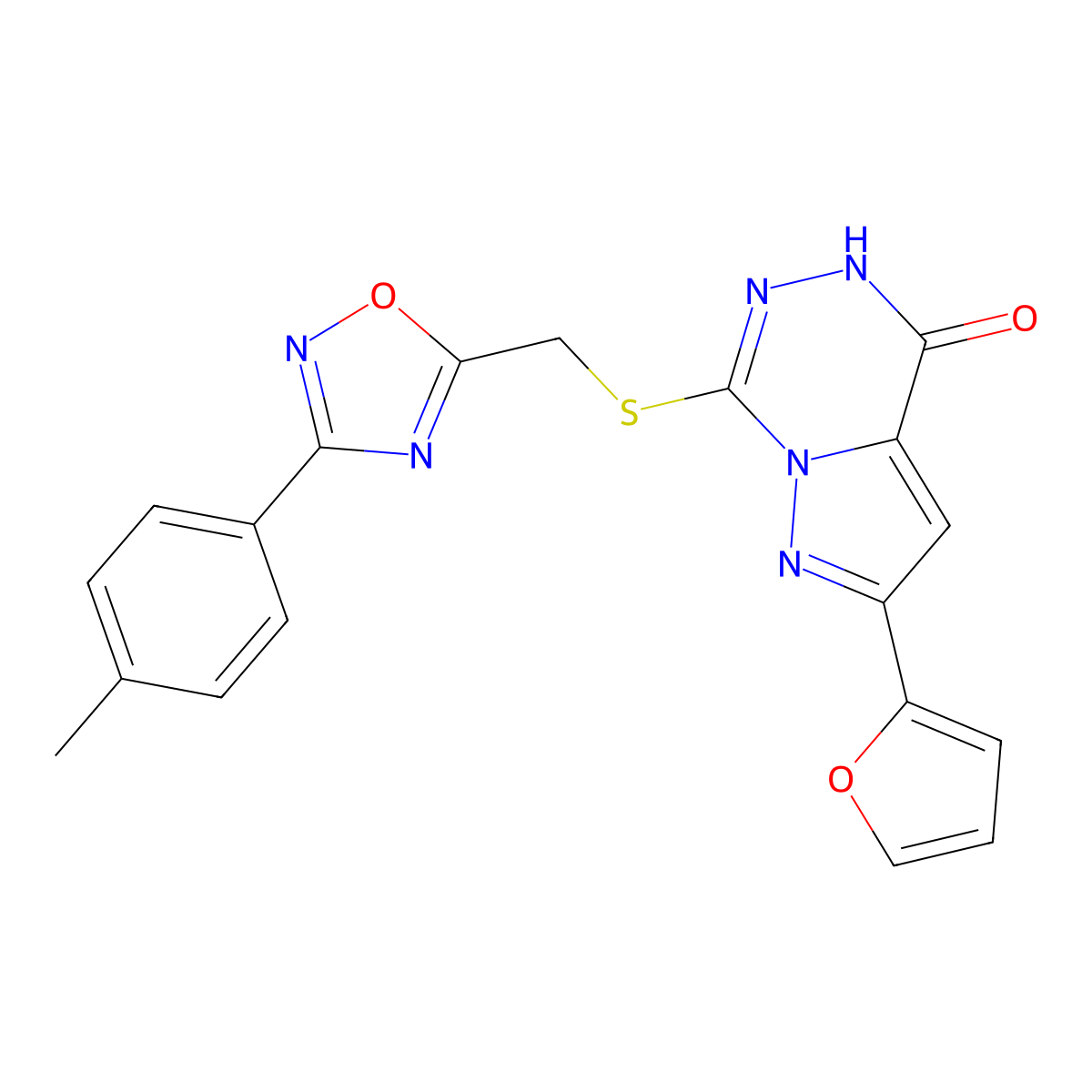 2-(furan-2-yl)-7-({[3-(4-methylphenyl)-1,2,4-oxadiazol-5-yl]methyl}sulfanyl)-4H,5H-pyrazolo[1,5-d][1,2,4]triazin-4-one molecular structure, CAS 1040632-70-9