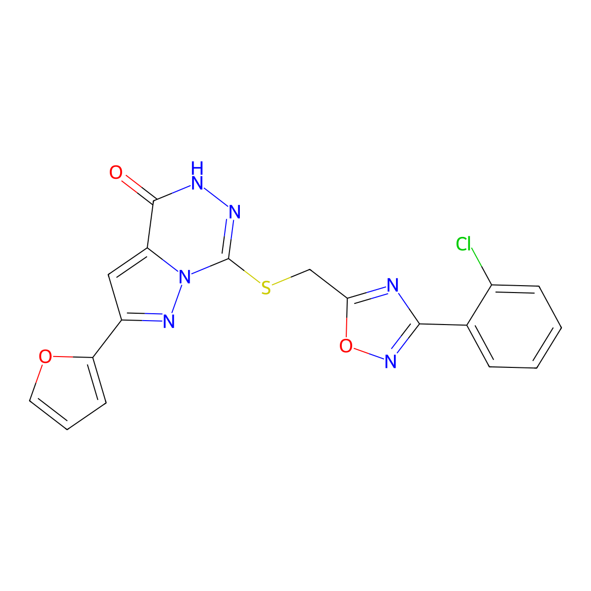 7-({[3-(2-chlorophenyl)-1,2,4-oxadiazol-5-yl]methyl}sulfanyl)-2-(furan-2-yl)-4H,5H-pyrazolo[1,5-d][1,2,4]triazin-4-one molecular structure, CAS 1040632-79-8