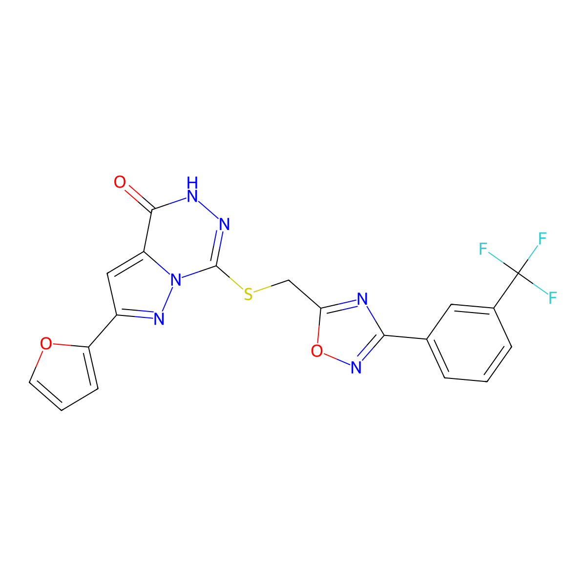 2-(furan-2-yl)-7-[({3-[3-(trifluoromethyl)phenyl]-1,2,4-oxadiazol-5-yl}methyl)sulfanyl]-4H,5H-pyrazolo[1,5-d][1,2,4]triazin-4-one molecular structure, CAS 1040632-89-0