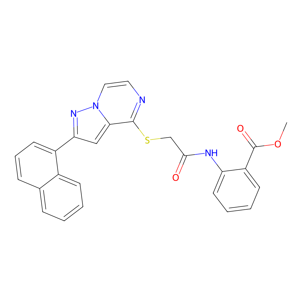Methyl 2-(2-{[2-(naphthalen-1-YL)pyrazolo[1,5-A]pyrazin-4-YL]sulfanyl}acetamido)benzoate molecular structure, CAS 1040632-90-3