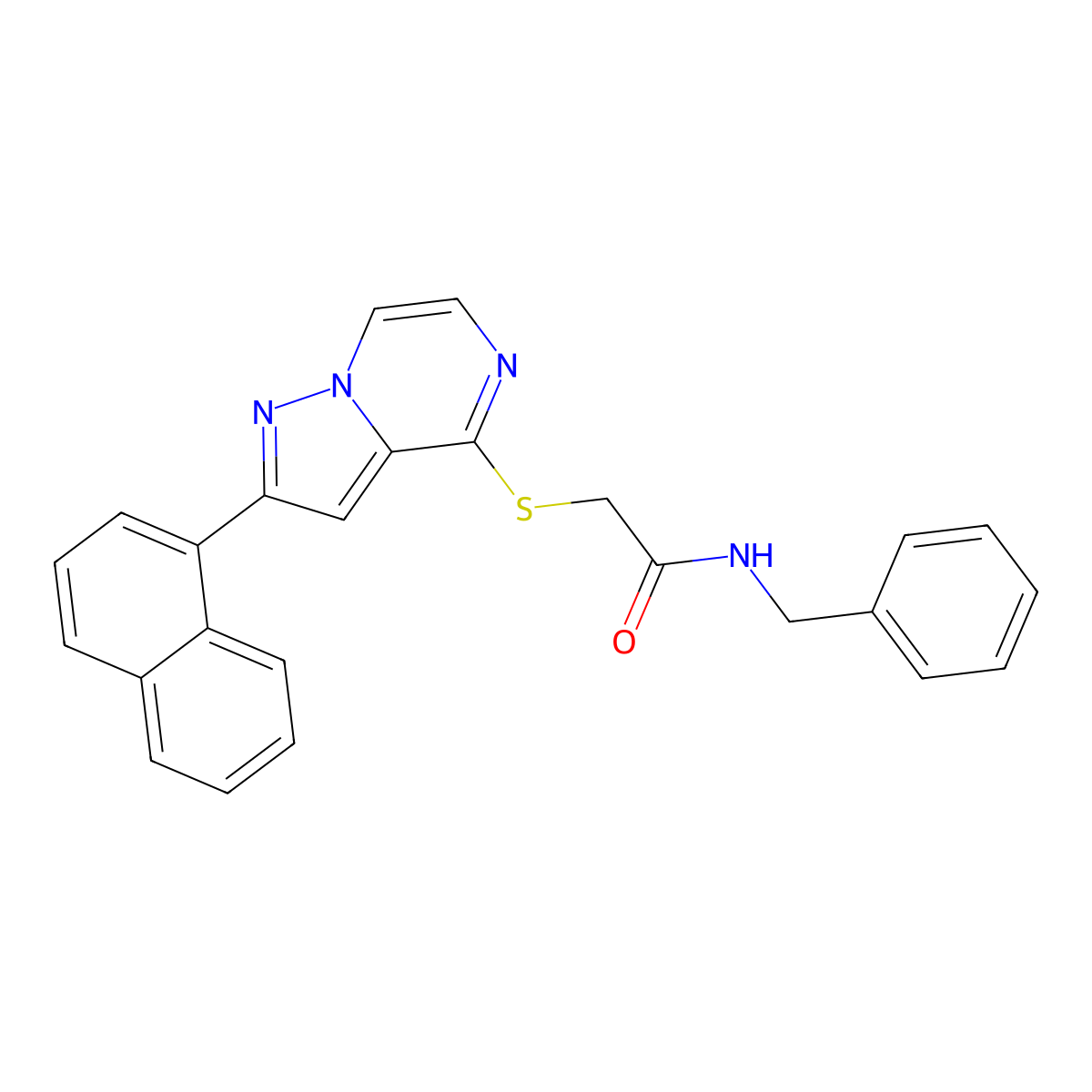 N-benzyl-2-{[2-(naphthalen-1-yl)pyrazolo[1,5-a]pyrazin-4-yl]sulfanyl}acetamide molecular structure, CAS 1040633-45-1