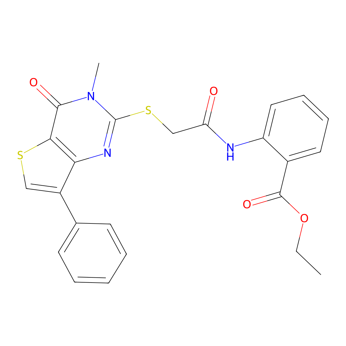 Ethyl 2-({[(3-methyl-4-oxo-7-phenyl-3,4-dihydrothieno[3,2-d]pyrimidin-2-yl)thio]acetyl}amino)benzoate molecular structure, CAS 1040633-46-2