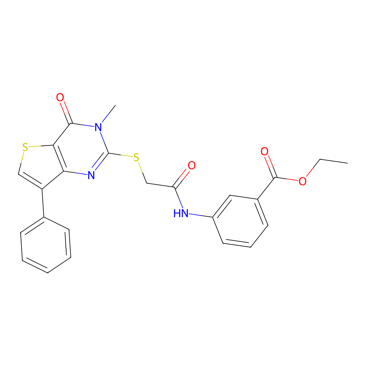 Ethyl 3-({[(3-methyl-4-oxo-7-phenyl-3,4-dihydrothieno[3,2-d]pyrimidin-2-yl)thio]acetyl}amino)benzoate molecular structure, CAS 1040633-52-0