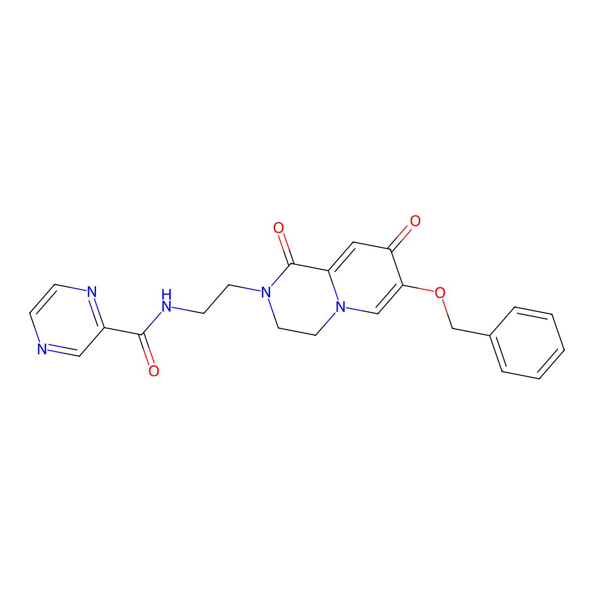 N-{2-[7-(benzyloxy)-1,8-dioxo-1H,2H,3H,4H,8H-pyrido[1,2-a]pyrazin-2-yl]ethyl}pyrazine-2-carboxamide molecular structure, CAS 1040633-96-2