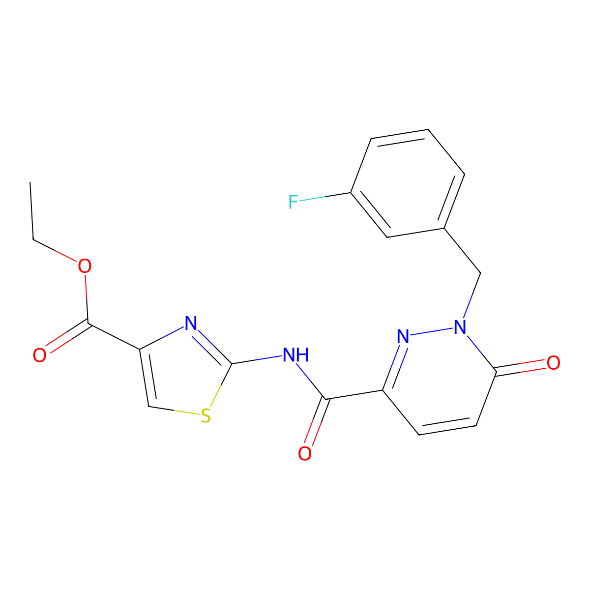Ethyl 2-(1-(3-fluorobenzyl)-6-oxo-1,6-dihydropyridazine-3-carboxamido)thiazole-4-carboxylate molecular structure, CAS 1040634-34-1