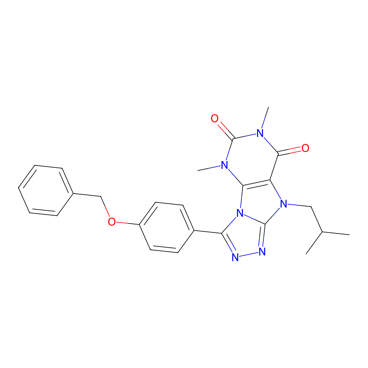 3-[4-(benzyloxy)phenyl]-5,7-dimethyl-9-(2-methylpropyl)-5H,6H,7H,8H,9H-[1,2,4]triazolo[3,4-h]purine-6,8-dione molecular structure, CAS 1040634-49-8