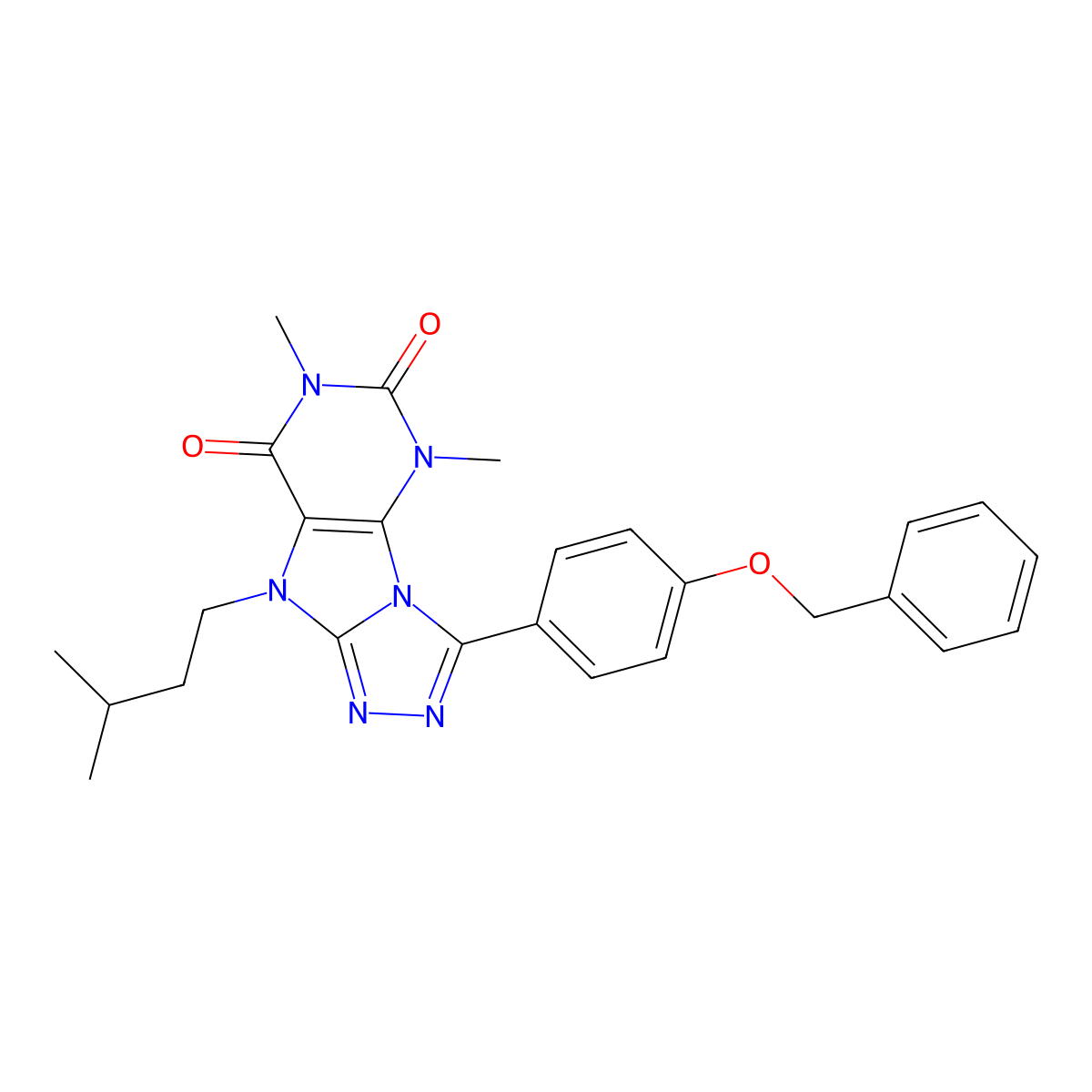 3-[4-(benzyloxy)phenyl]-5,7-dimethyl-9-(3-methylbutyl)-5H,6H,7H,8H,9H-[1,2,4]triazolo[3,4-h]purine-6,8-dione molecular structure, CAS 1040634-57-8
