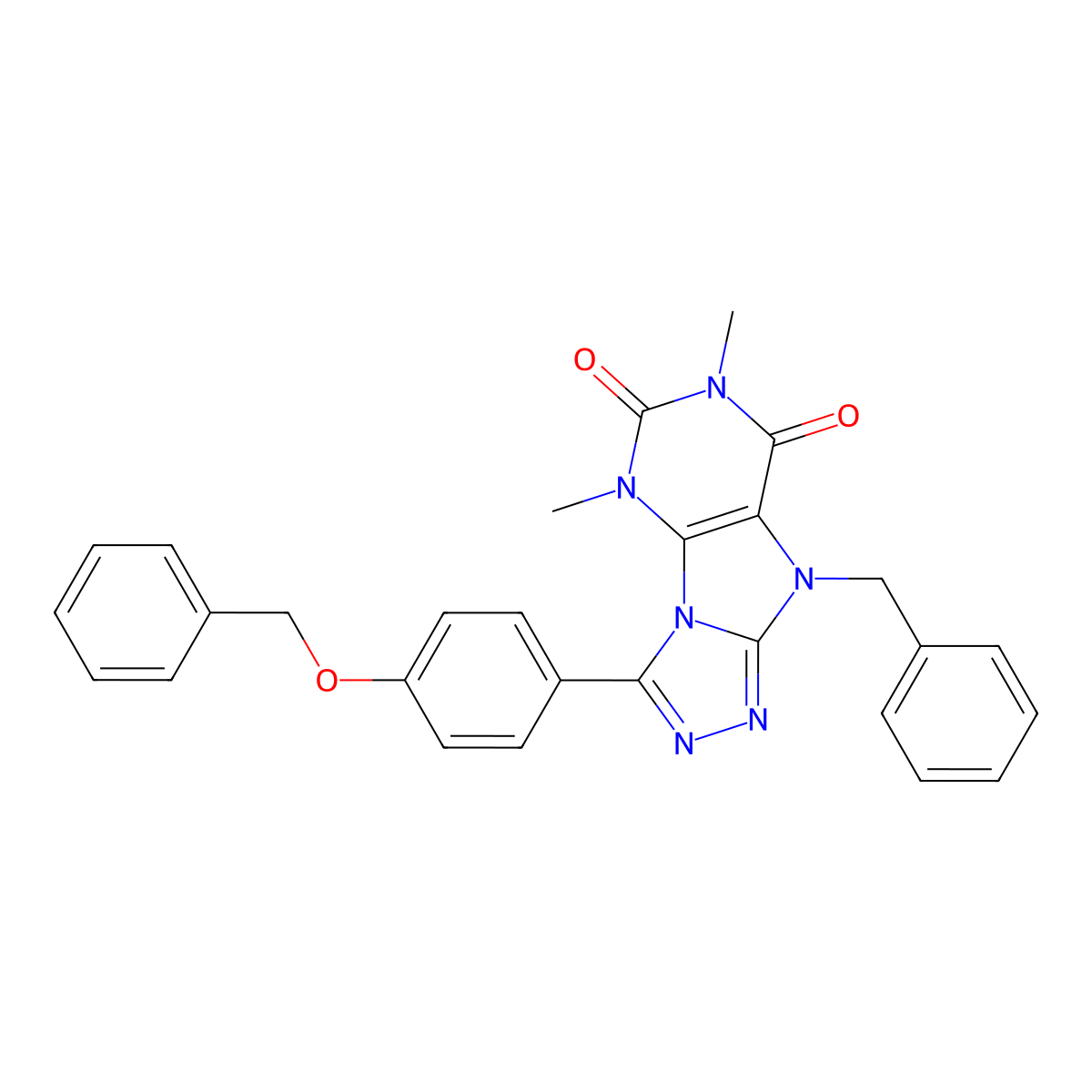 9-benzyl-3-[4-(benzyloxy)phenyl]-5,7-dimethyl-5H,6H,7H,8H,9H-[1,2,4]triazolo[3,4-h]purine-6,8-dione molecular structure, CAS 1040634-65-8